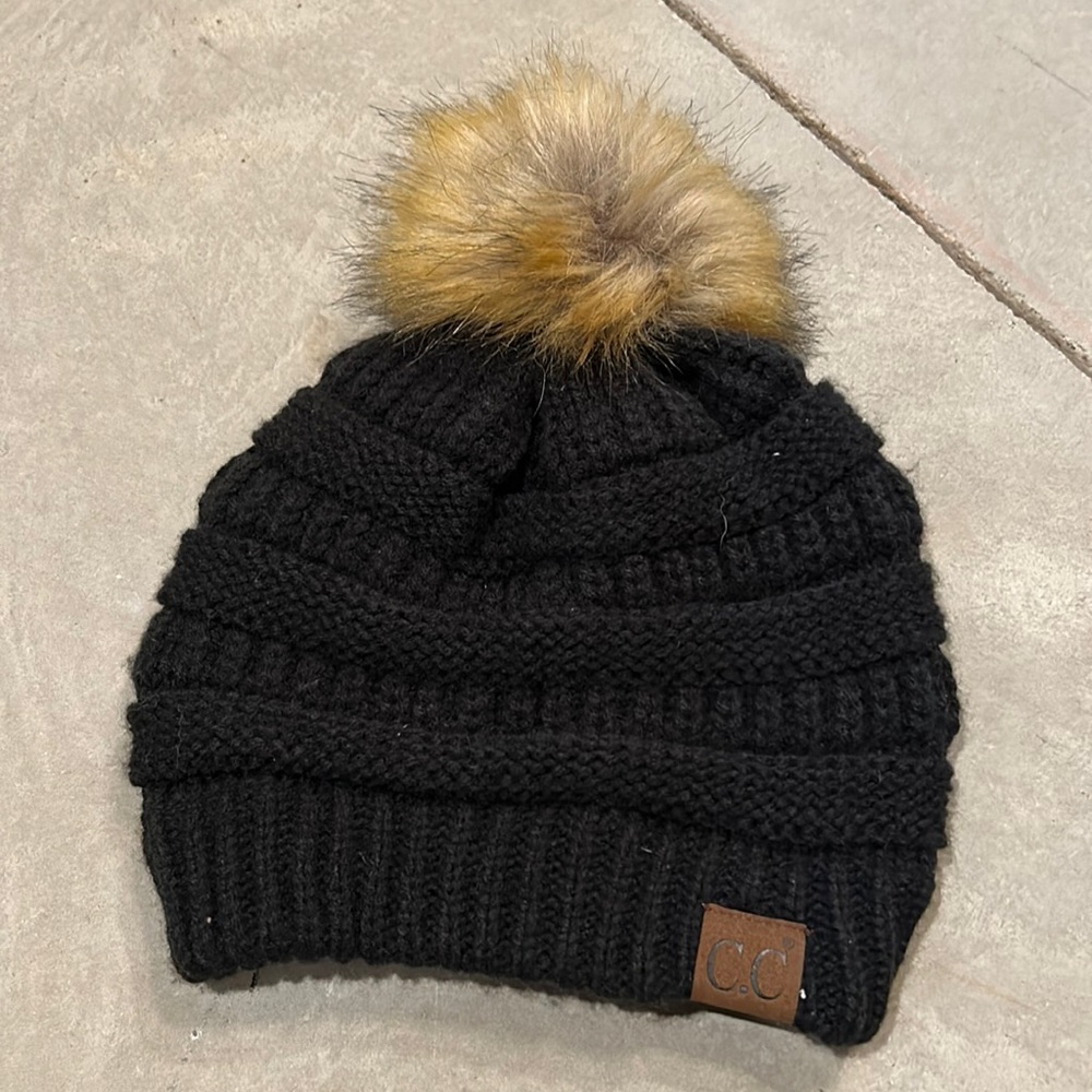 C.C Black Fur Pom Beanie